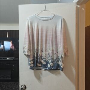 Women's Ombre Floral Long-Sleeve Tee in White, Pink & Blue